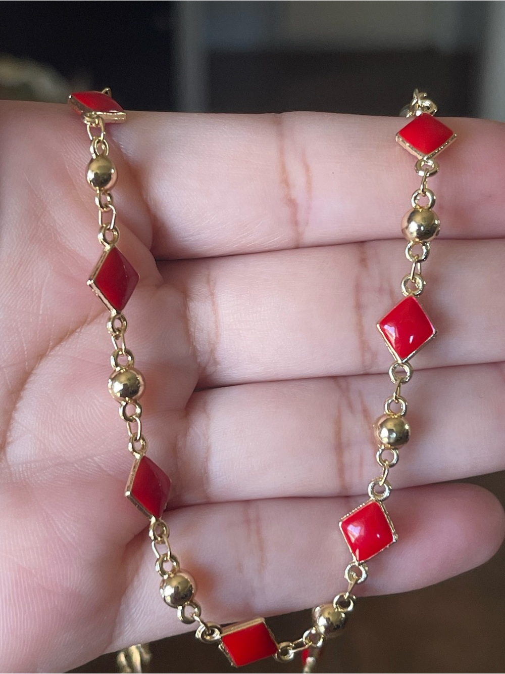 Gold Chain Necklace with Red Enamel Diamond Accents